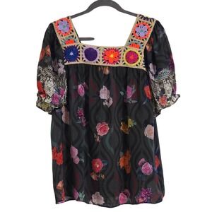 Johnny Was Rose Lace Tristan Blouse Women's Small Floral Crochet Square Neck